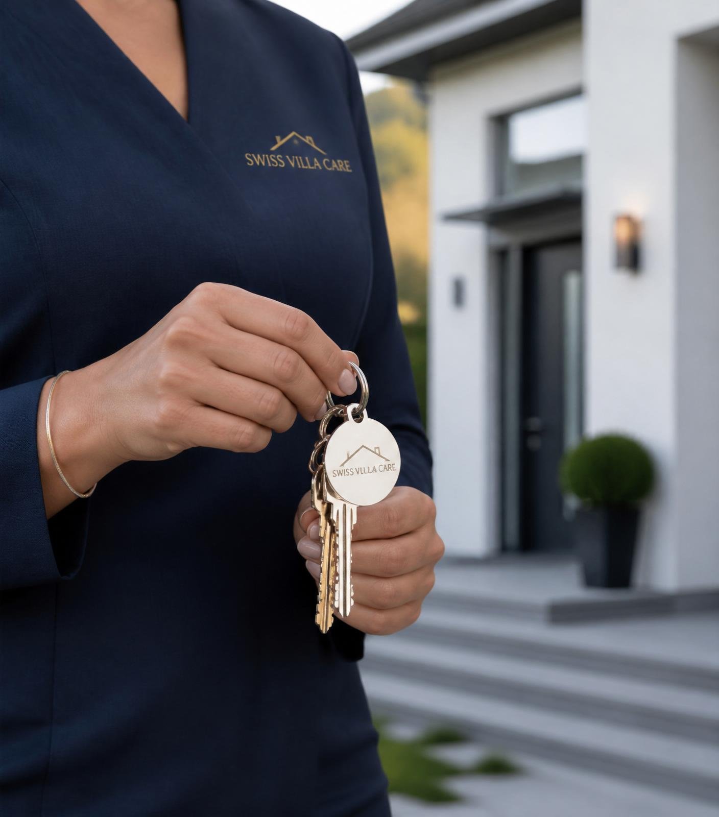 Profesional de MF Property Care entregando unas llaves